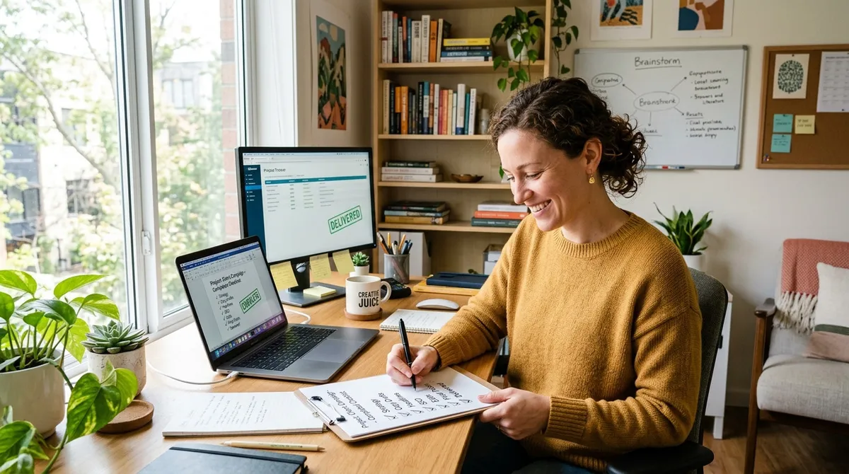 A focused freelance copywriter smiling with relief in a bright studio as she reviews a completed project checklist