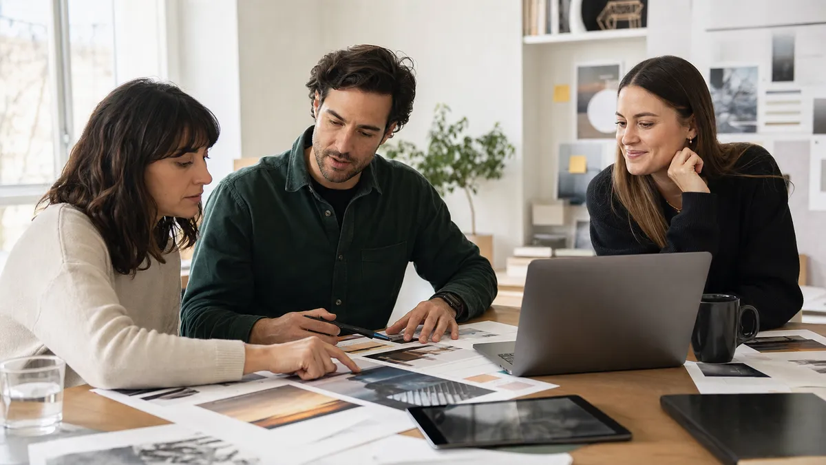 Freelance designer guiding two client stakeholders through design proof feedback before approval in a bright studio