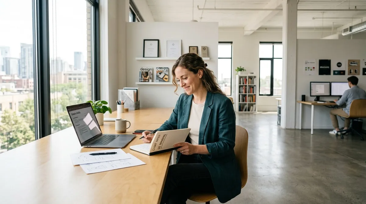 A thoughtful female copywriter and creative director in a bright minimalist design studio reviewing client notes with focused relief