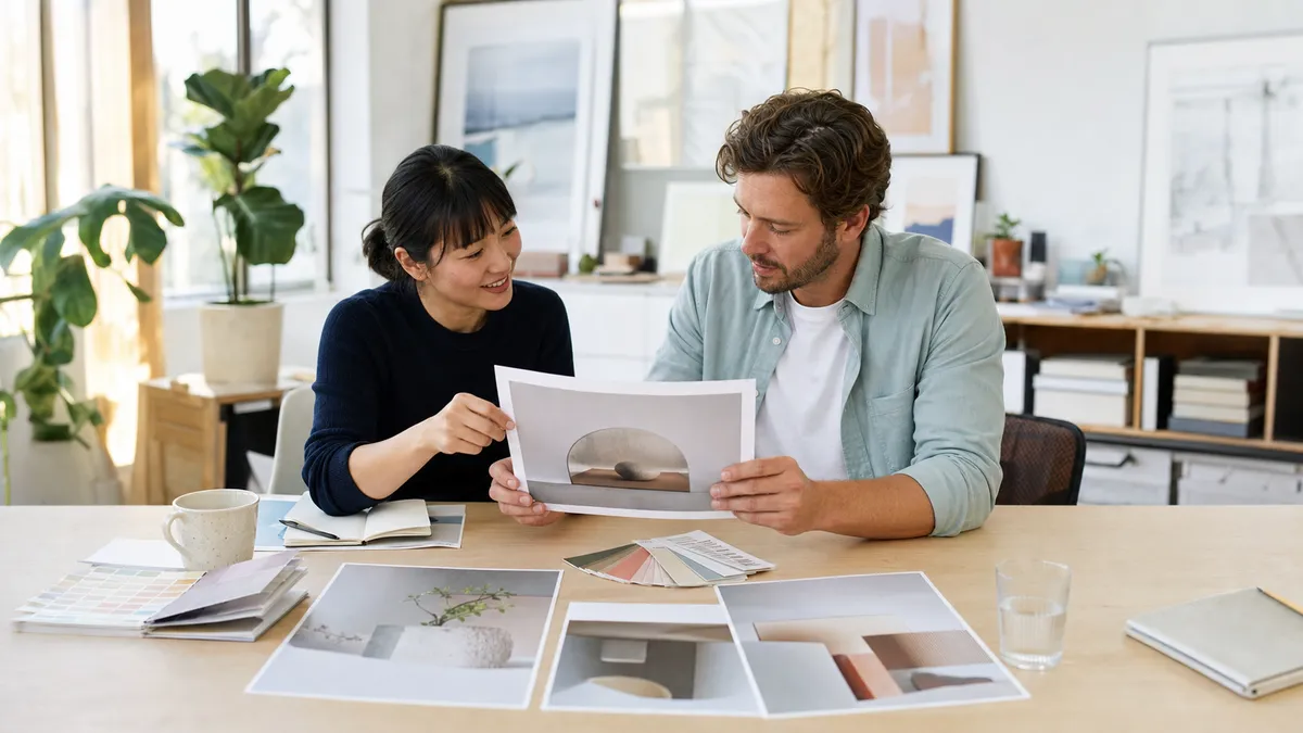 A freelance designer and copywriter reviewing a printed whitepaper proof with client notes in a sunlit creative studio workspace