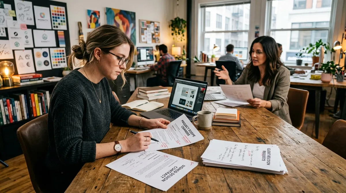 A freelance designer and a client agreeing on project updates at a desk in a bright studio