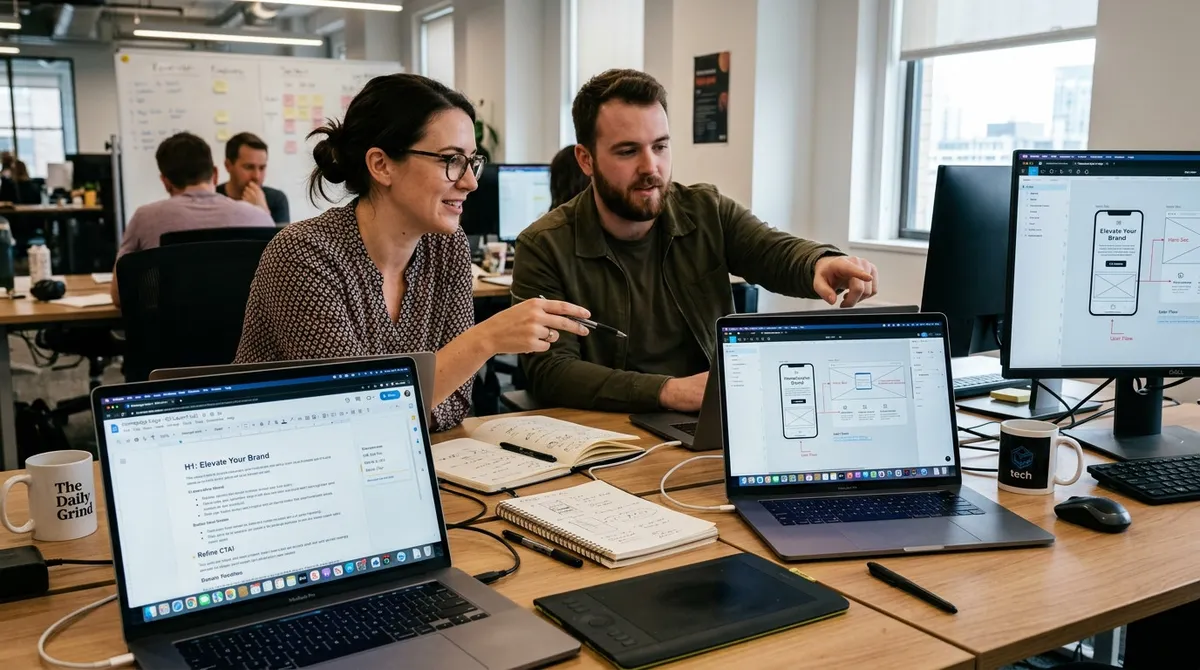 Freelance web copywriter and client approving a printed website copy proof at a bright design studio desk