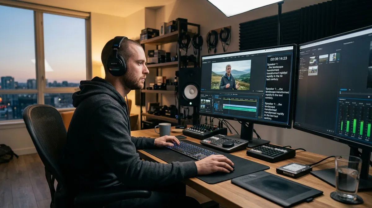 A focused video editor at an edit suite desk reviewing timecoded captions on a monitor with clean workspace lighting