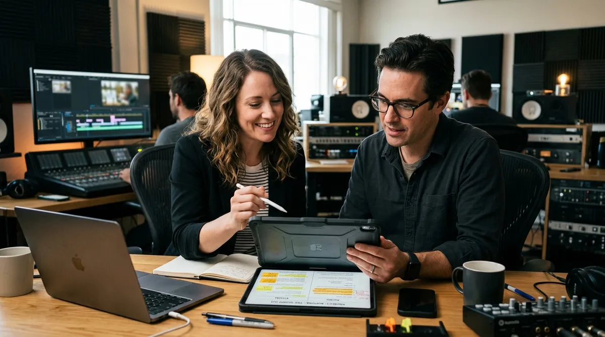 A focused freelance copywriter and creative director reviewing a clean video script layout on a dual-monitor desk in a modern studio.