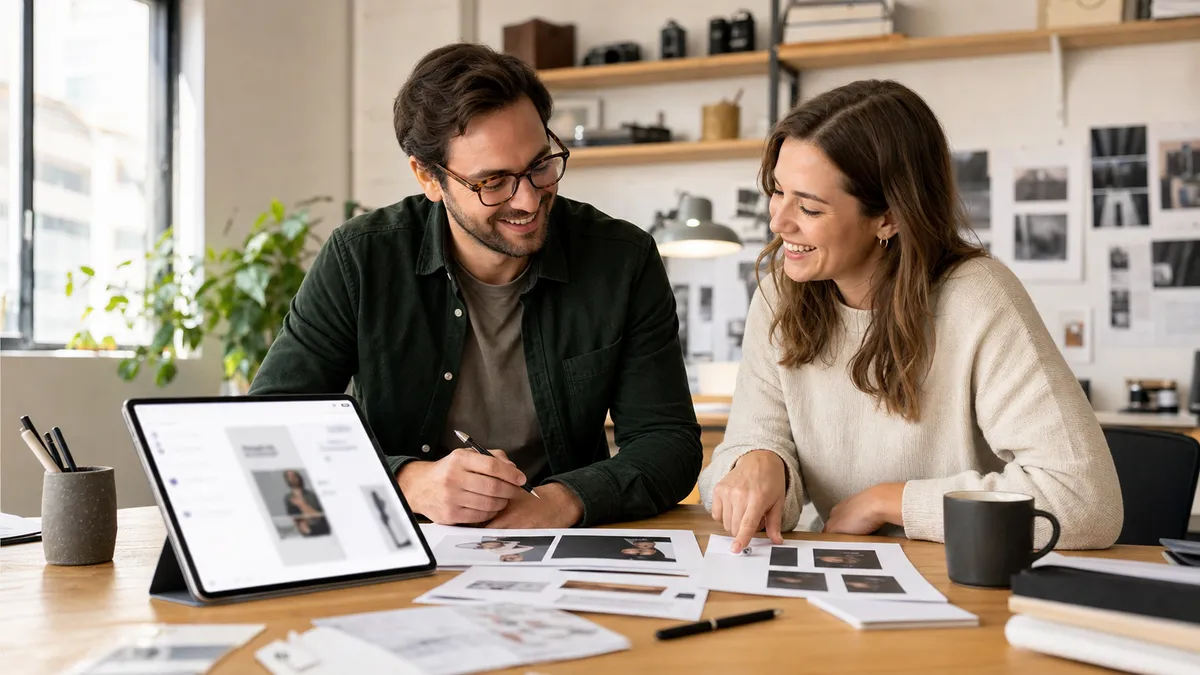 Freelancer and client reviewing proof versions together in a bright studio after reaching approval