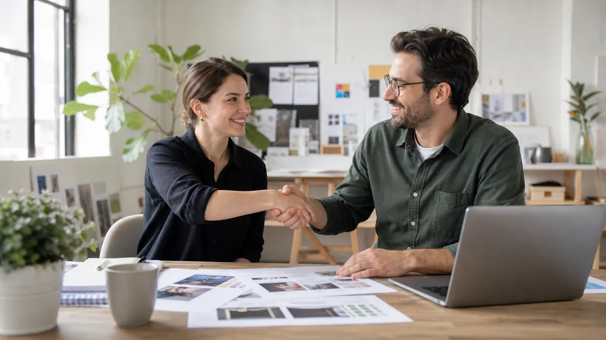 Designer and client reaching clear approval on a creative proof in a bright small studio