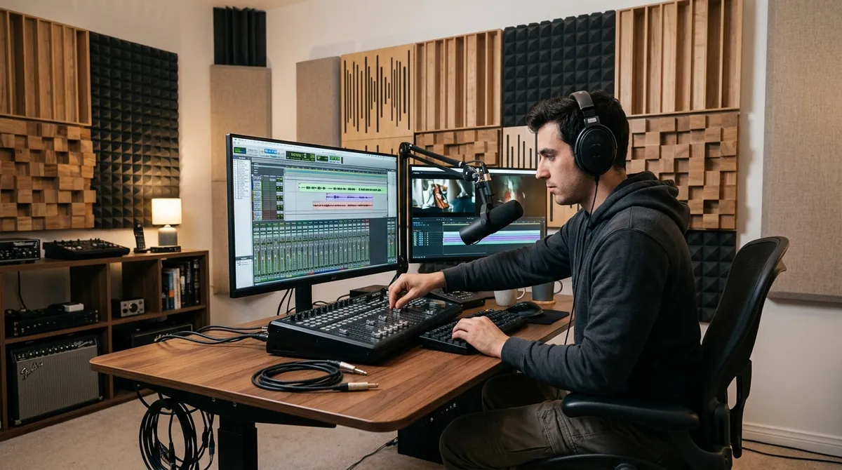 Focused freelance sound designer wearing studio headphones adjusting mix settings at a clean modern audio editing workstation with acoustic panels in the background