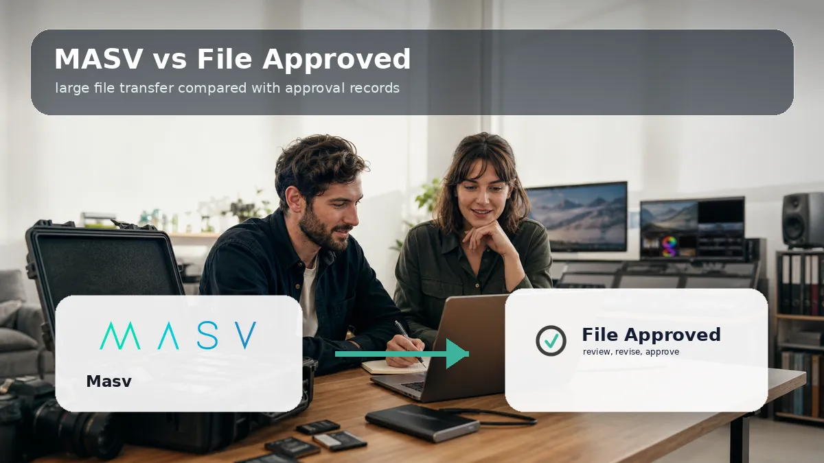 Branded comparison graphic showing the MASV logo beside the File Approved logo for client approval workflows
