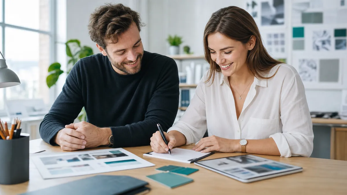 Freelancer and client reviewing creative proofs together before final sign-off in a bright studio