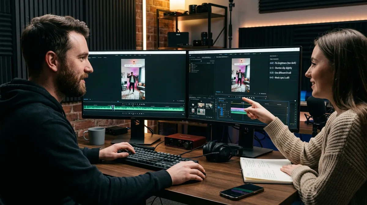 A wide-angle landscape shot (16:9 aspect ratio) depicting a freelance video editor sitting at a dual-monitor editing desk in a brightly lit studio, looking relaxed and satisfied as a vertical video timeline sits organized on screen, with soft natural window lighting and a clean modern aesthetic.