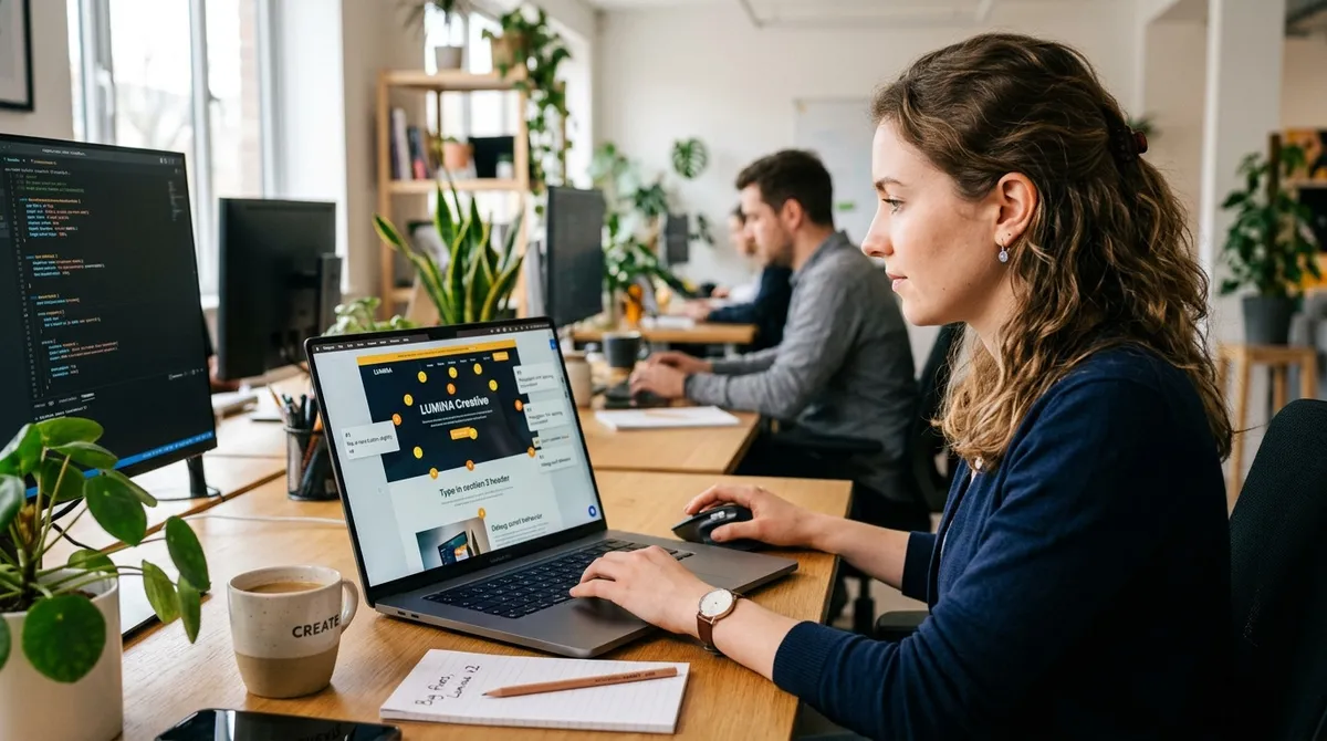 A focused freelance creative professional sitting at a bright, tidy studio desk reviewing visual design proofs with a clear, calm expression