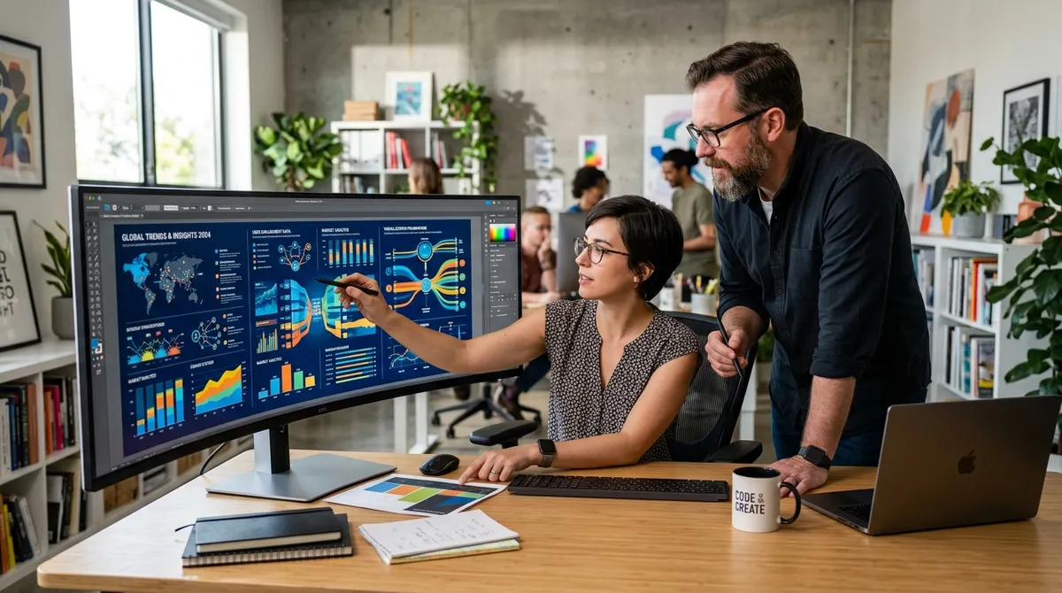 A focused graphic designer in a bright creative studio reviewing colorful infographic proof layouts on a large monitor alongside printed design drafts.