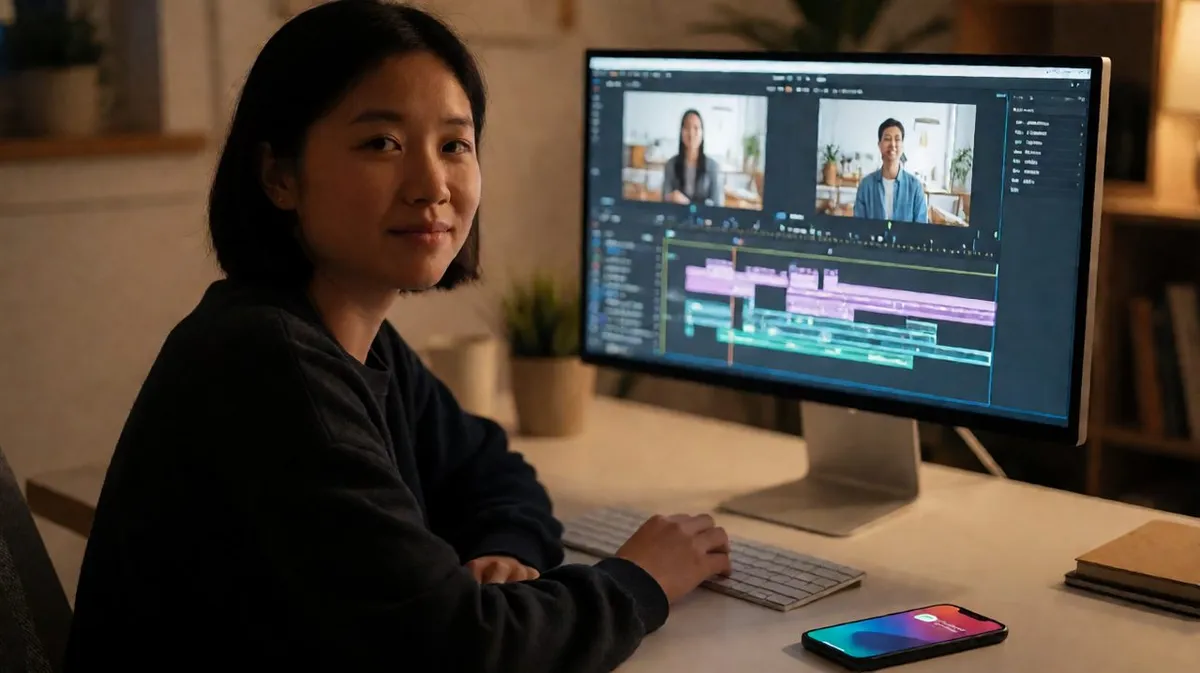 A video editor looking at an unanswered message thread on a monitor while a delivered review link sits open and waiting.