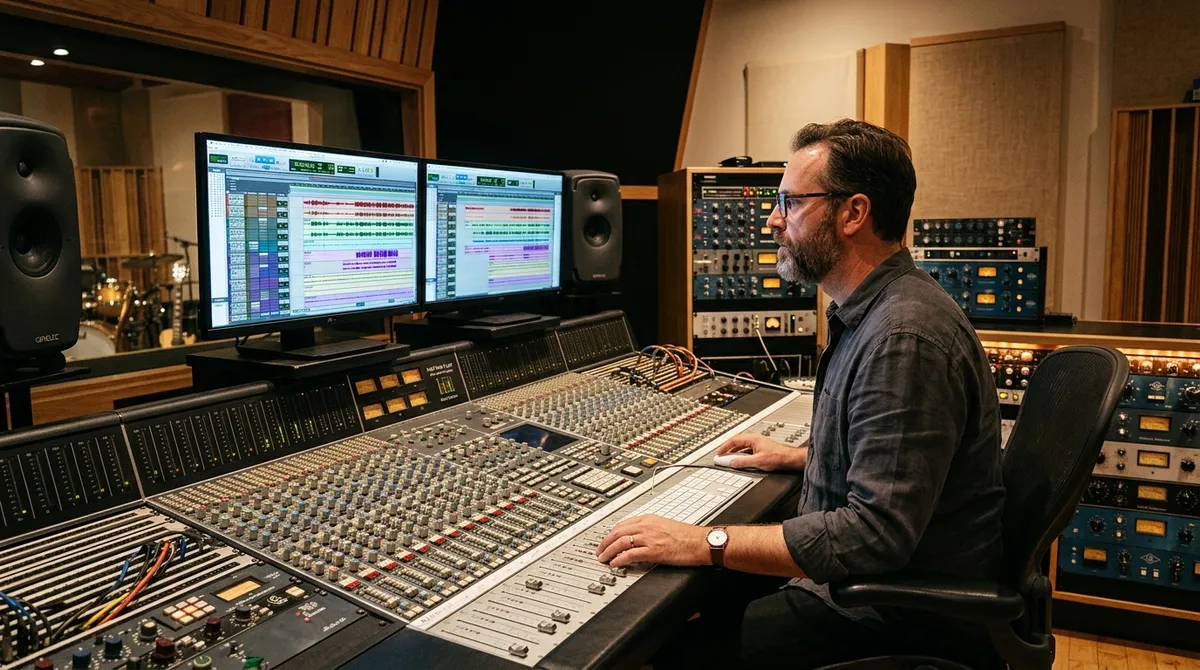 A sound engineer sitting at an audio mixing console in a modern studio, looking relieved and smiling after completing a client approval pass.