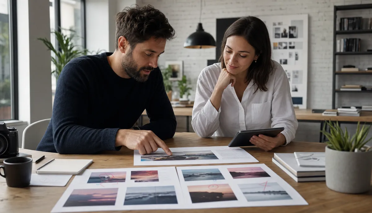 Freelance designer and client reviewing marked proof versions before final approval in a bright studio