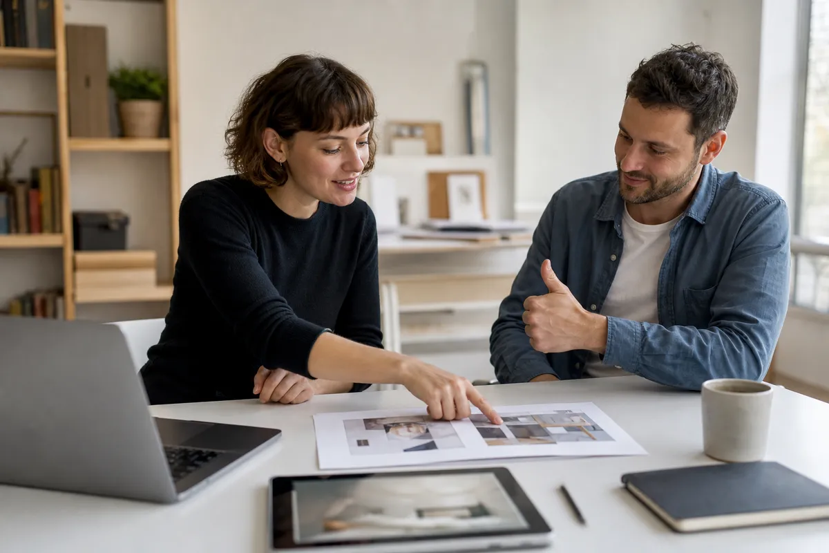 Freelance designer and client reviewing a creative proof together in a bright studio before approval