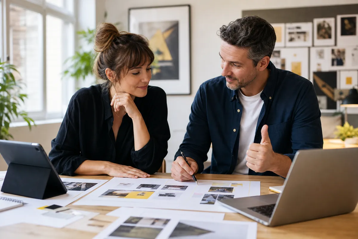 Freelance designer and client reaching approval on a creative proof in a bright small studio