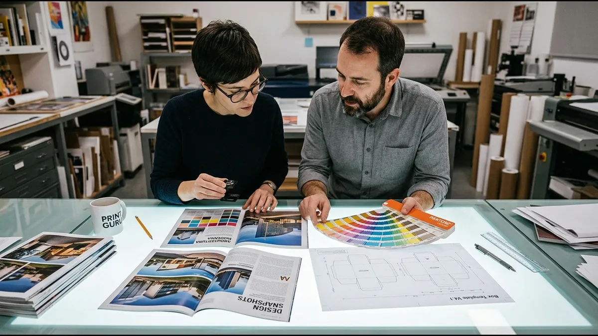 A focused freelance designer reviewing a printed media kit proof with a client in a sunlit creative studio workspace