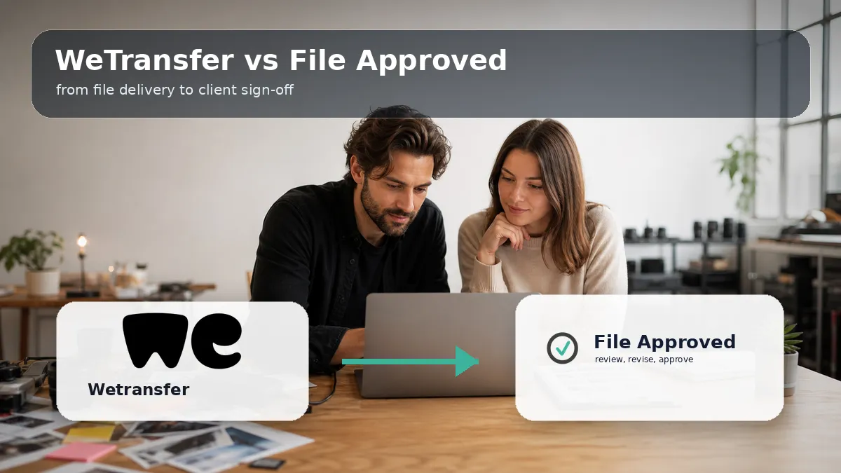 Branded comparison graphic showing the WeTransfer logo beside the File Approved logo for client approval workflows