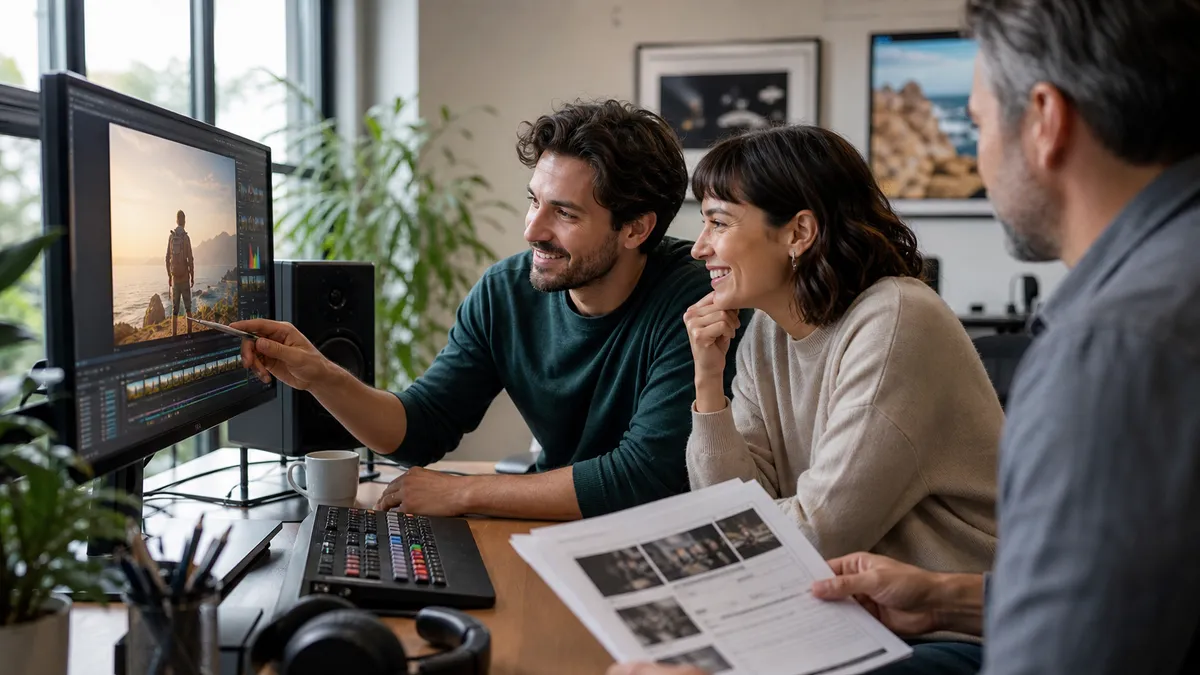 Freelance video editor and client agreeing on a final proof in a bright small studio