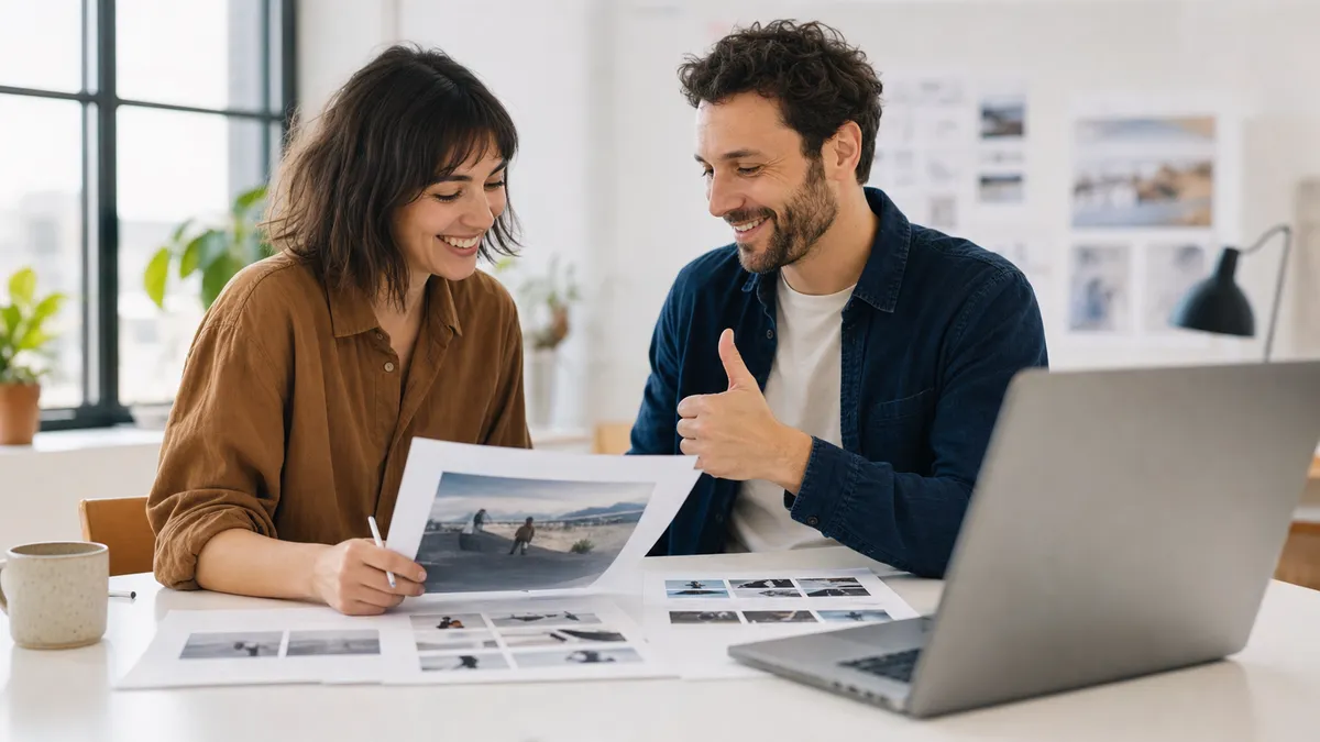 Freelance designer and project manager agreeing on final creative approval in a bright modern studio