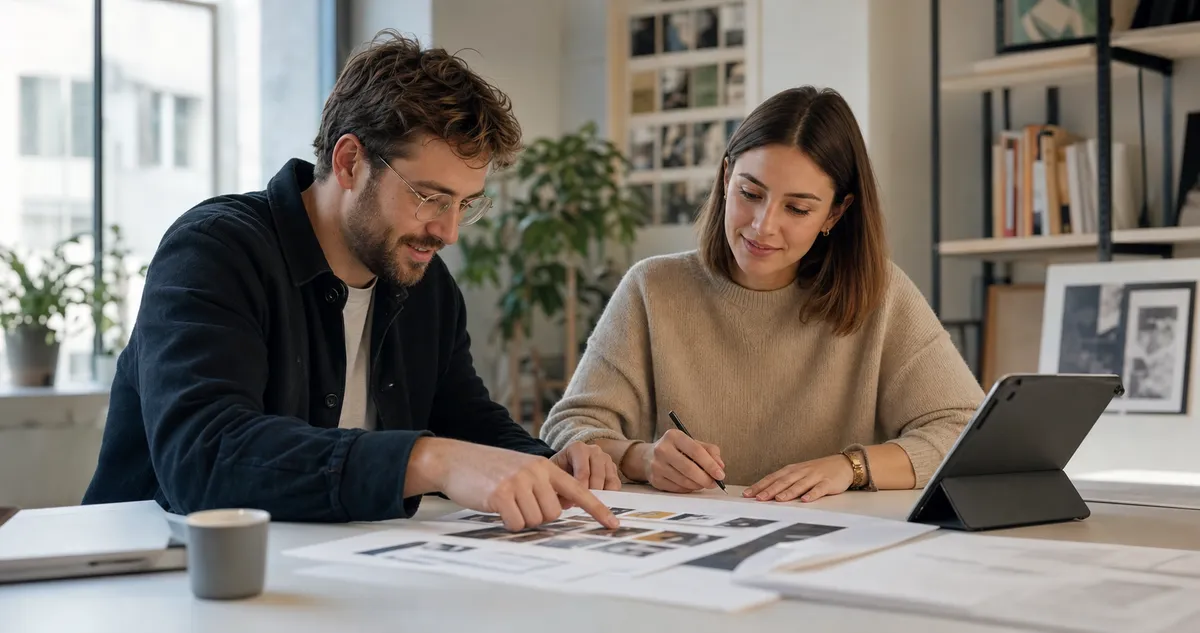 Freelancer and client reviewing a creative proof together in a bright studio before signing off on approval