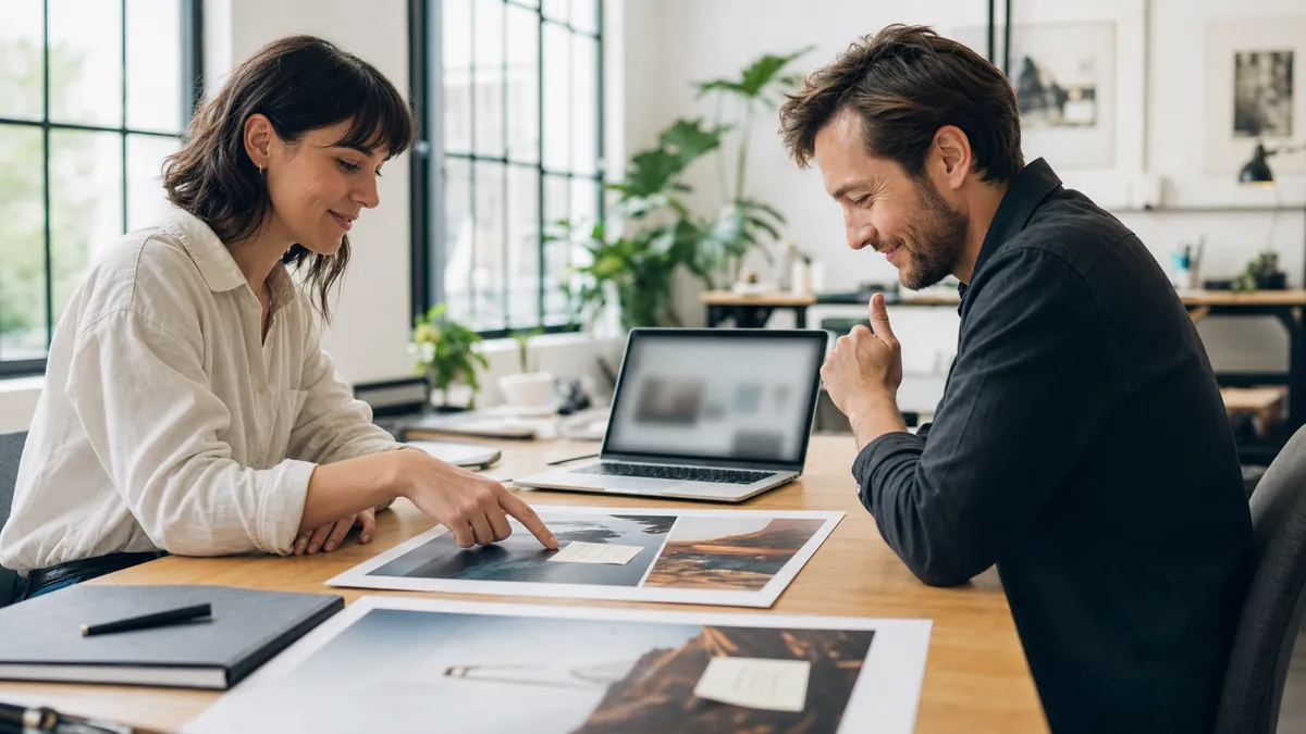 Freelance designer and client reviewing marked design proofs during a calm approval meeting in a bright studio.