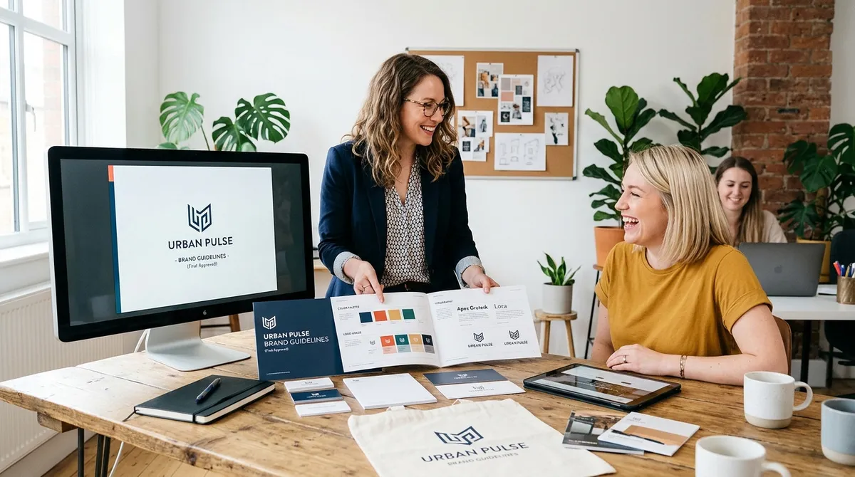 Freelance graphic designer and client reviewing final print proof together at a bright studio desk
