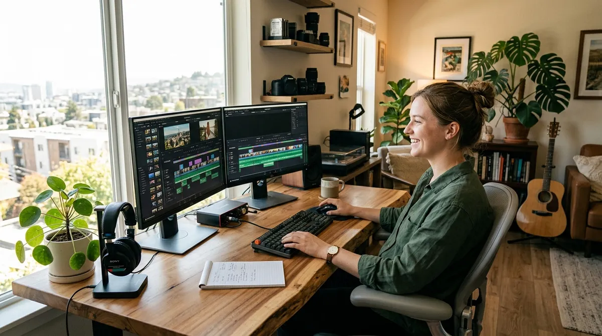A freelance video editor sitting at a modern wood desk in a sunlit creative studio, smiling with relief while reviewing a completed client project timeline on dual monitors without any on-screen text