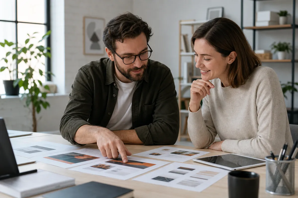 Freelancer and client reviewing printed design proofs together in a bright studio before final approval