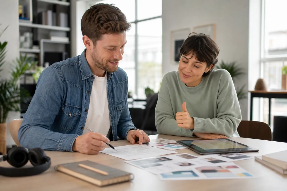 Freelancer and client reviewing creative proofs together before final approval in a bright studio workspace