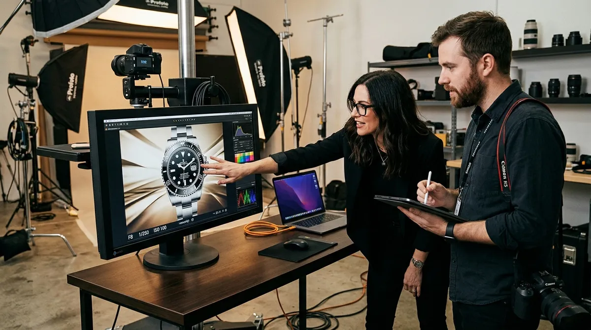Freelance product photographer and client reviewing a tabletop product image proof together with relieved approval body language
