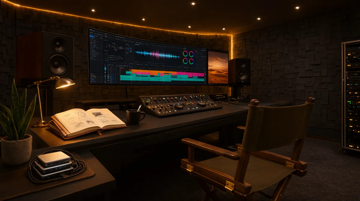 A video editor and client reviewing a rough cut on a studio monitor with a printed checklist and a timer on the desk.