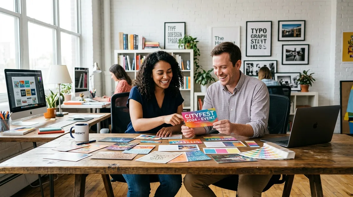 A graphic designer and agency account manager in a bright design studio reviewing printed postcard swatches and proofs on a desk with relief and clear agreement