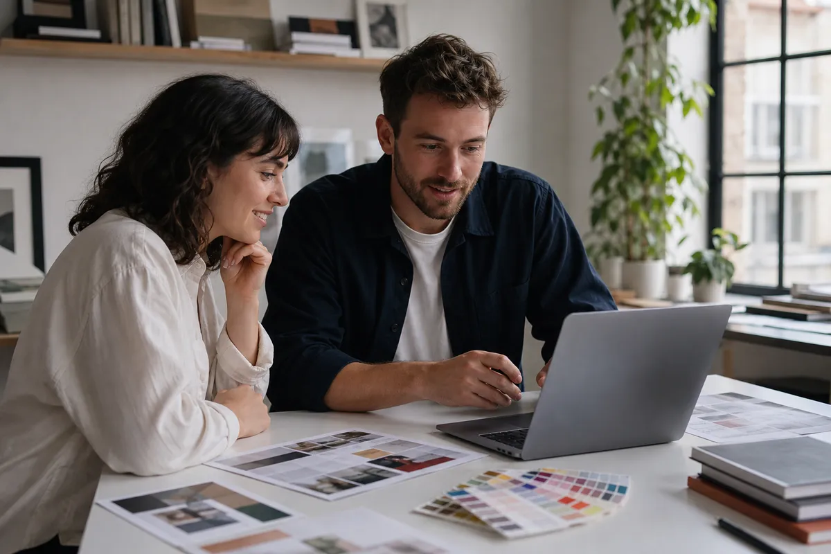 Designer and client reviewing creative feedback together at a bright studio desk