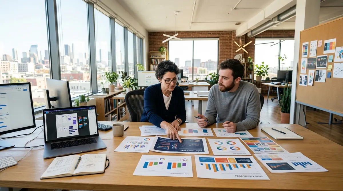 Graphic designer and creative director in a bright studio reviewing data visualization proofs on a clean desk with natural lighting