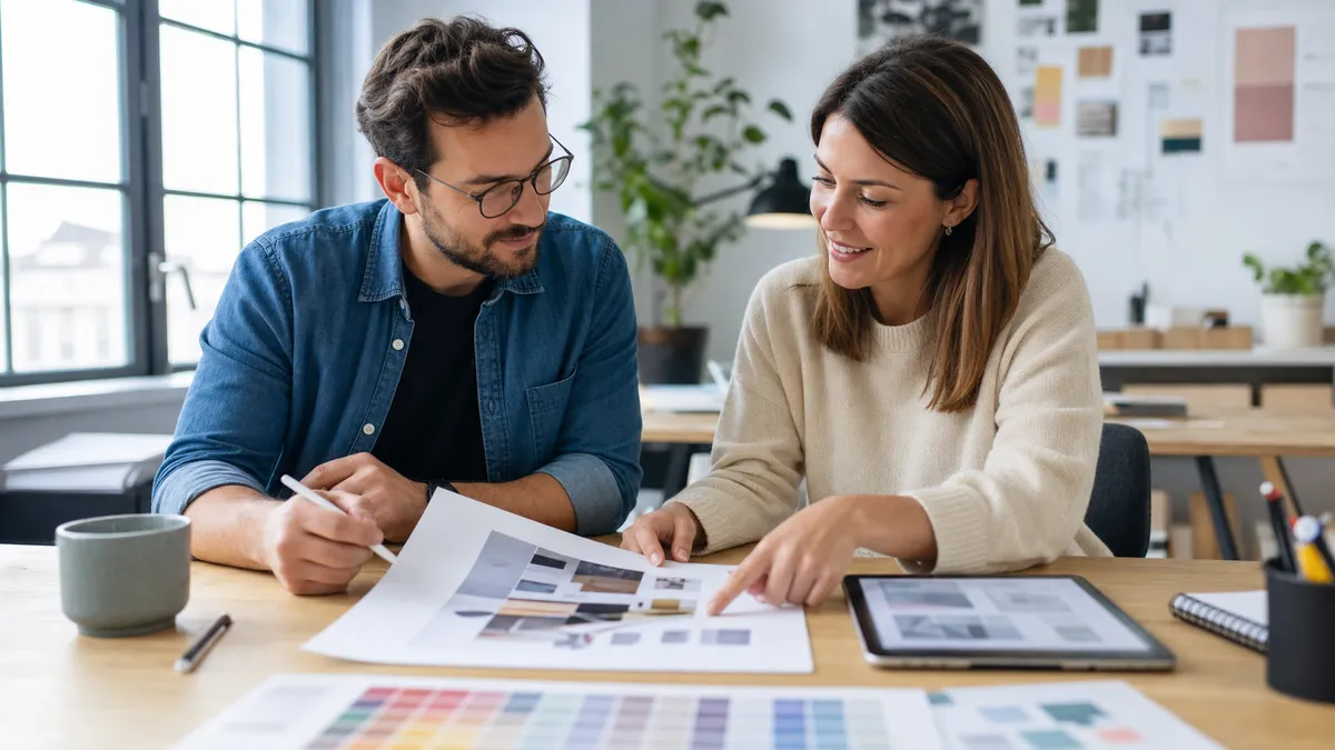 Freelance designer and client reviewing a printed PDF proof in a bright studio and reaching clear approval.