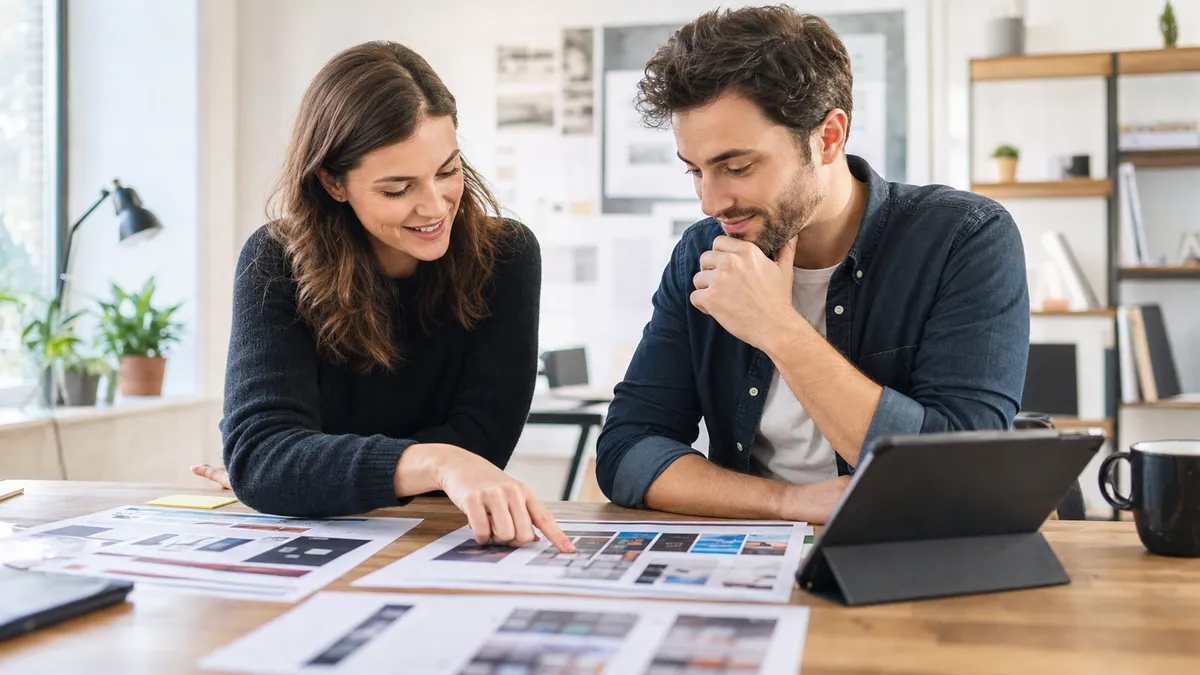 Freelance designer and client reviewing design proofs together in a bright studio before approving final feedback.