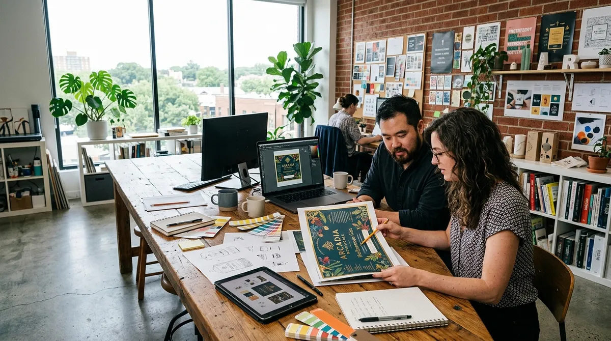 Graphic designer and branding studio partner reviewing a physical packaging label proof with focused attention at a modern studio worktable