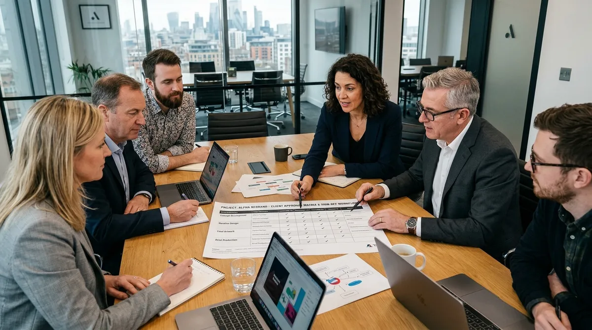 Freelance designer and client agreeing on a printed creative proof at a bright studio desk