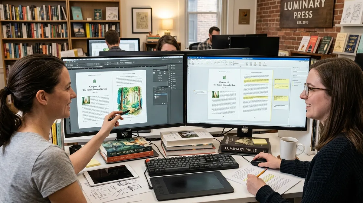 A female graphic designer and her creative partner sitting together at a bright studio desk, looking at an organized print layout proof with relaxed expressions of relief and collaboration.