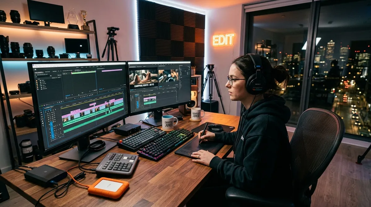 A focused freelance video editor reviewing video ad timelines at a dual-monitor editing desk in a modern studio.