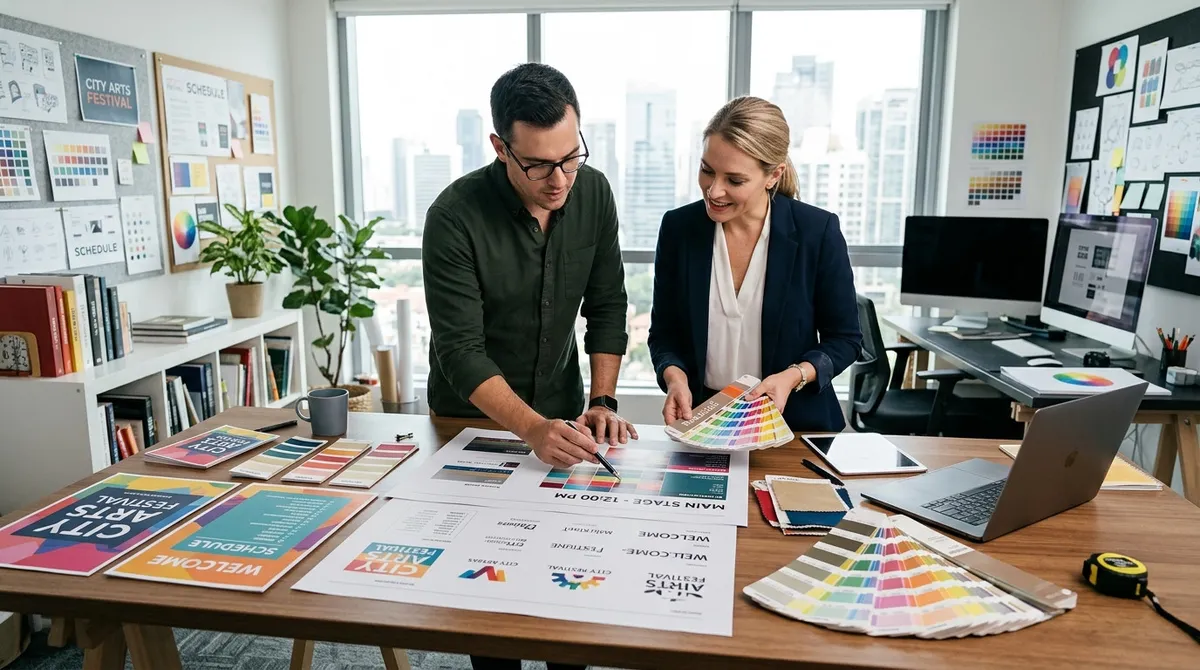 A focused graphic designer and an event coordinator standing together reviewing printed signage proofs and color swatches on a clean studio table