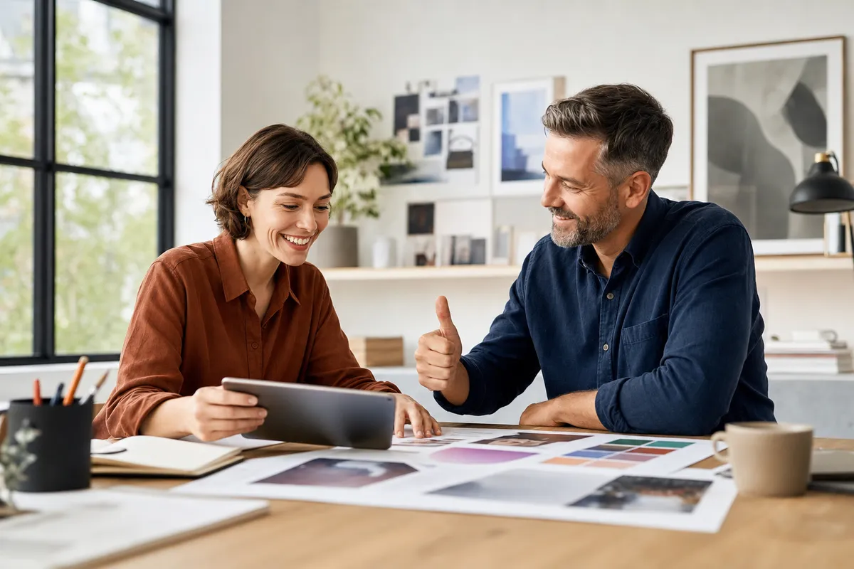 Freelancer and client in a bright creative studio agreeing on final approval for reviewed design proofs.