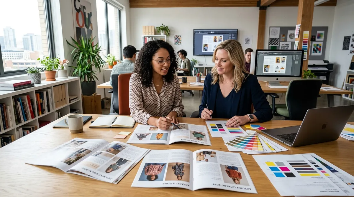 A graphic designer and marketing client reviewing multi-page catalog print proofs together at a studio desk