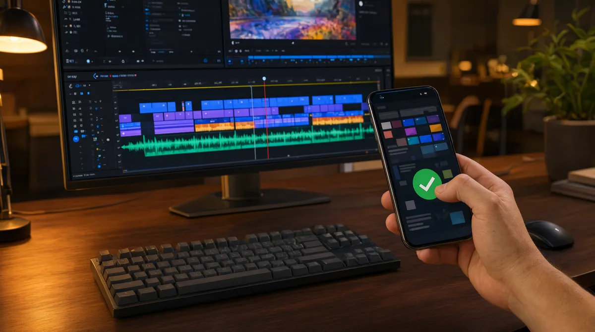One client giving final approval on a finished video on a tablet while the editor waits beside the screen.