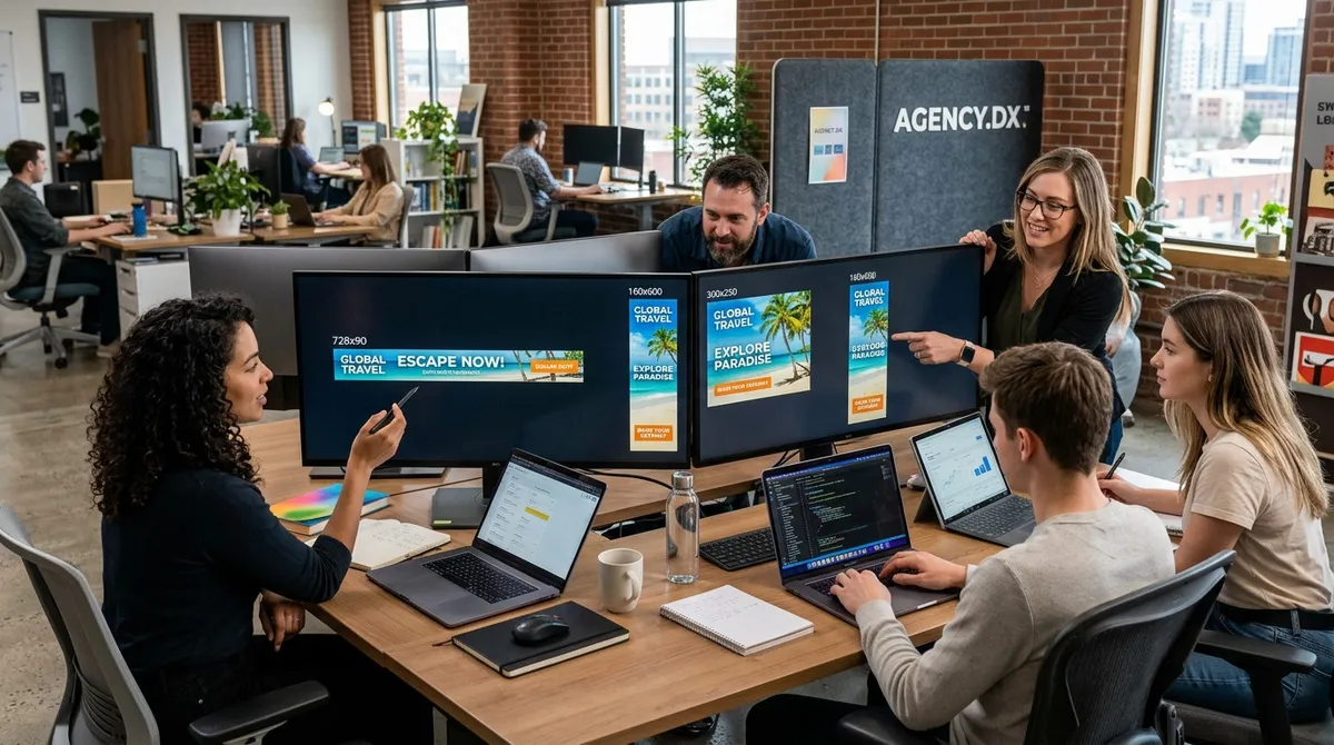 A wide-angle landscape shot (16:9 aspect ratio) depicting a freelance graphic designer reviewing digital display ad banner layouts at a clean studio desk under soft natural morning lighting.