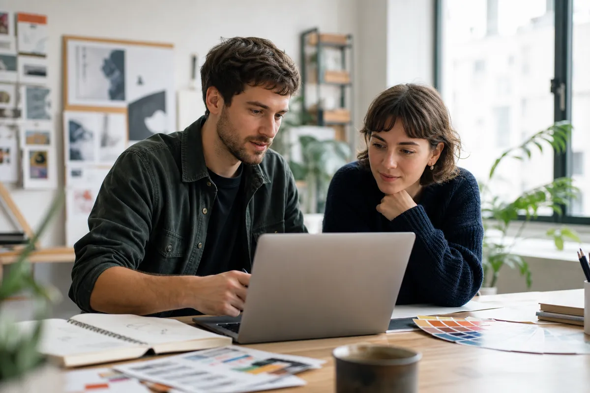 Freelancer and teammate reviewing client feedback together on a laptop in a bright creative studio