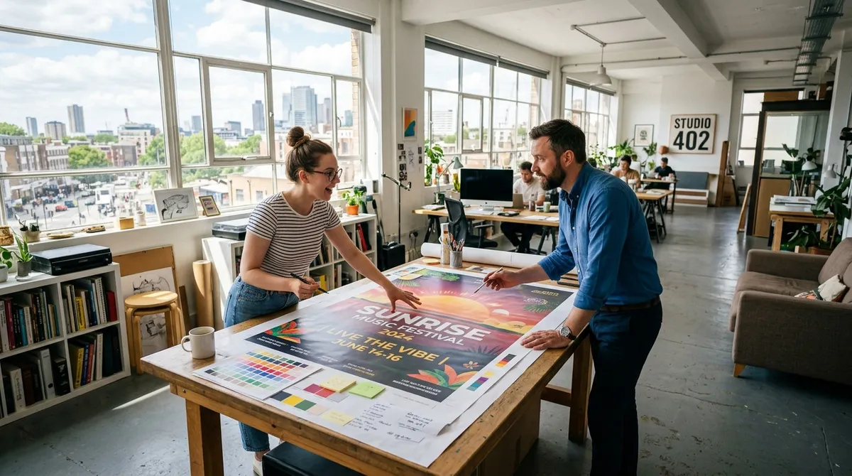 A freelance graphic designer and an agency art director reviewing a large format outdoor advertising proof in a bright creative studio