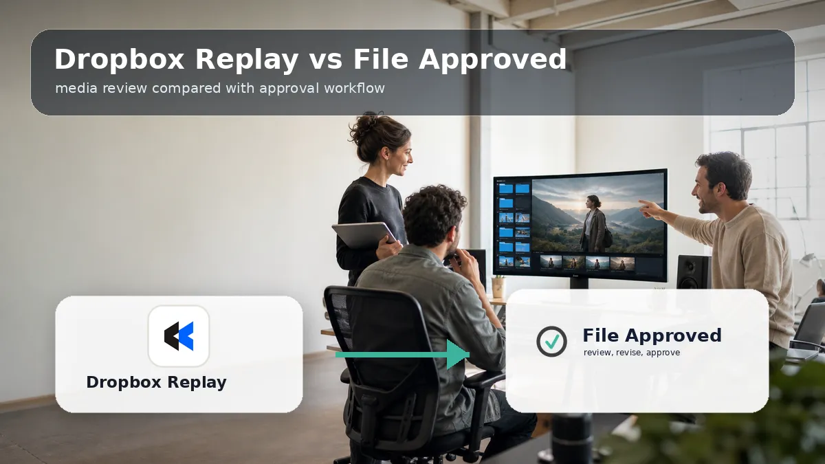 Branded comparison graphic showing the Dropbox Replay logo beside the File Approved logo for client approval workflows